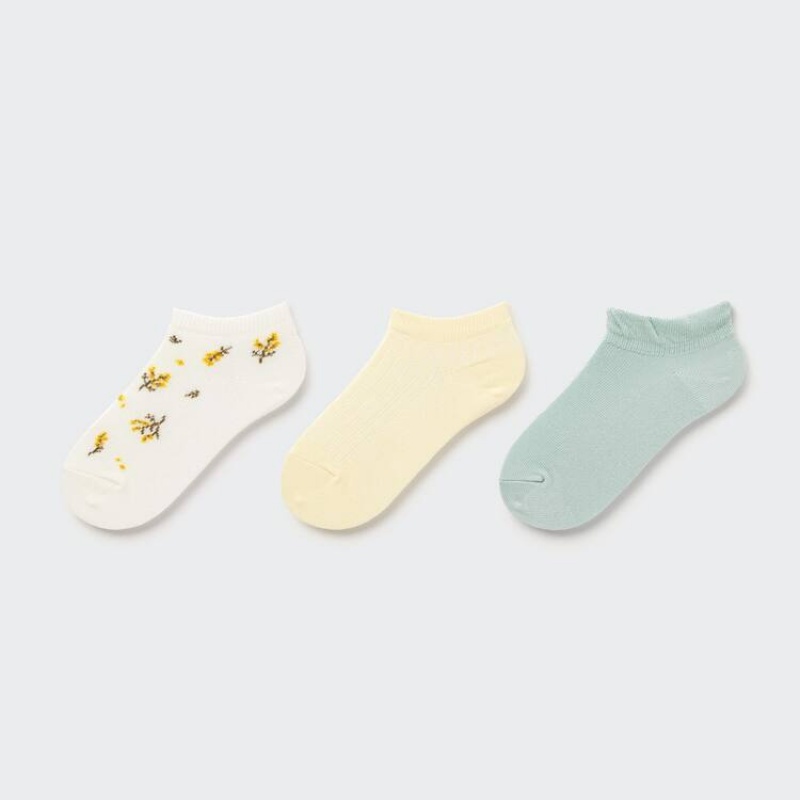 Kids\' Uniqlo Flower Print Short (Three Pairs) Socks Cream / Yellow / Blue | GBOH-51284