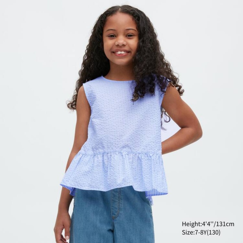 Kids\' Uniqlo Gathered Striped Short Sleeved Blouse Blue | YBQC-95384