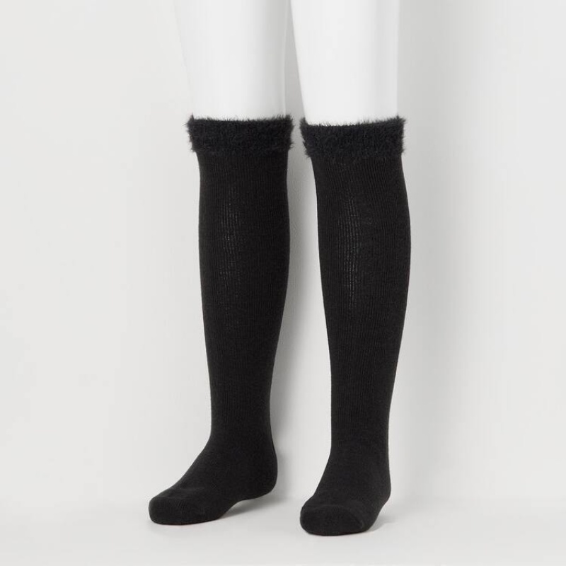 Kids' Uniqlo Heattech Knee High Fluffy (Two Pairs) Socks Black | DIXG-46218