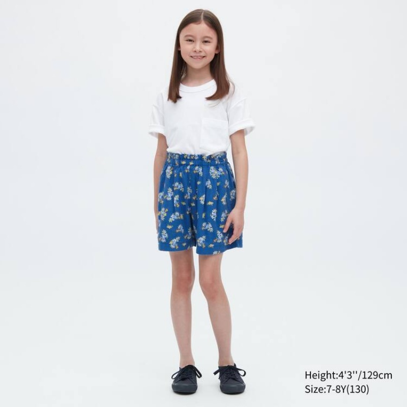 Kids' Uniqlo Linen Blend Flower Print Easy Shorts Blue | NDAQ-59170