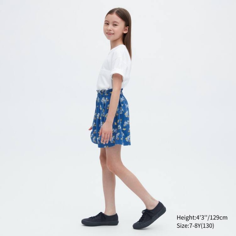 Kids' Uniqlo Linen Blend Flower Print Easy Shorts Blue | NDAQ-59170