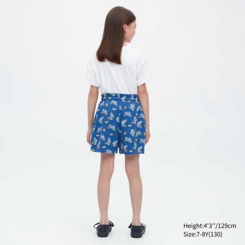 Kids' Uniqlo Linen Blend Flower Print Easy Shorts Blue | NDAQ-59170