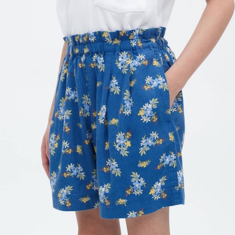 Kids' Uniqlo Linen Blend Flower Print Easy Shorts Blue | NDAQ-59170