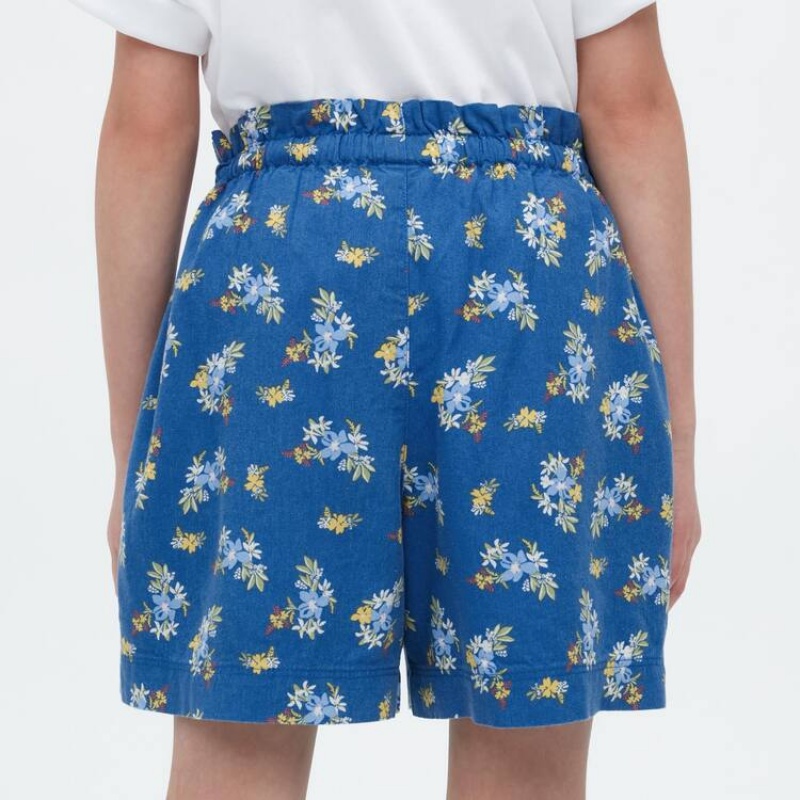 Kids' Uniqlo Linen Blend Flower Print Easy Shorts Blue | NDAQ-59170