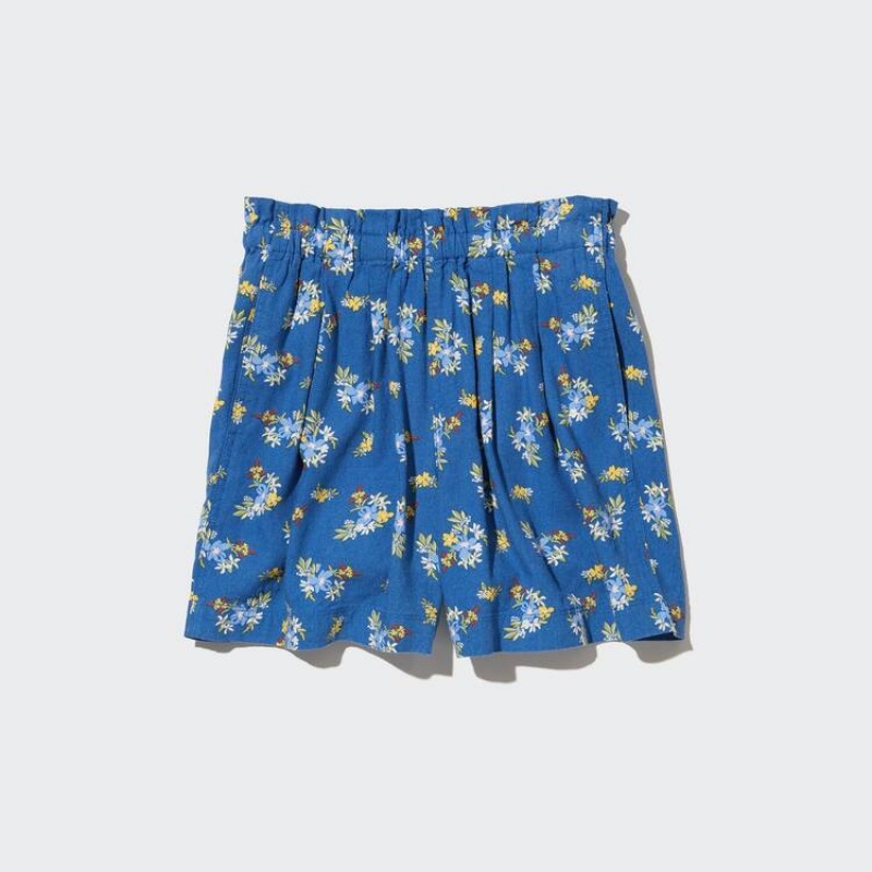 Kids' Uniqlo Linen Blend Flower Print Easy Shorts Blue | NDAQ-59170