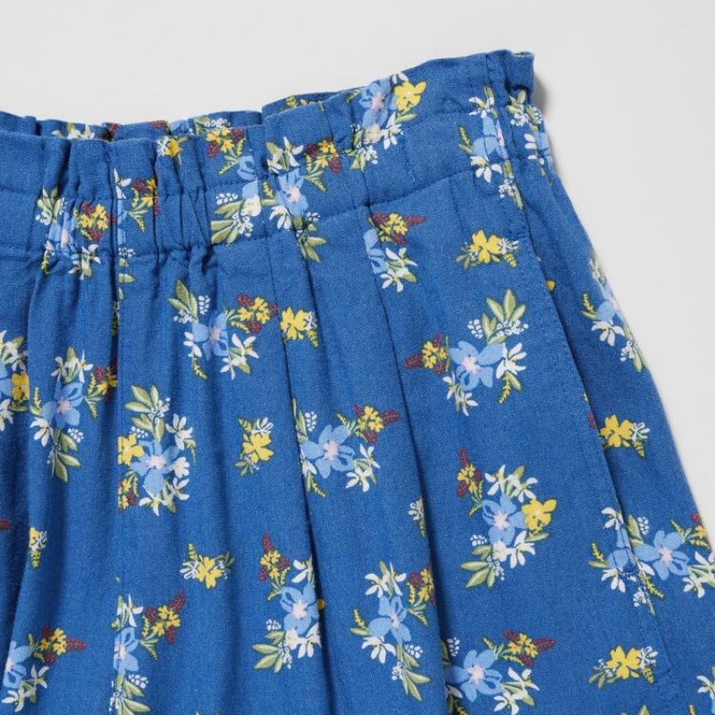 Kids' Uniqlo Linen Blend Flower Print Easy Shorts Blue | NDAQ-59170