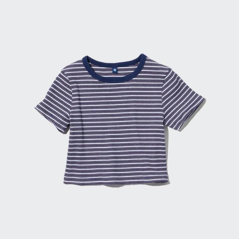 Kids' Uniqlo Ribbed Striped Cropped T Shirts Blue | EQHR-32458