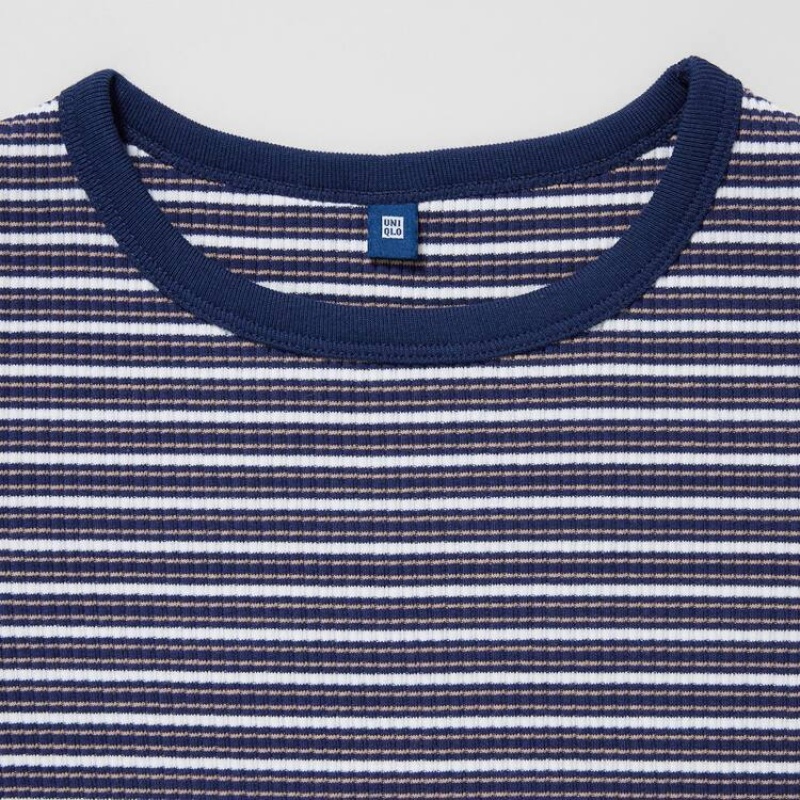 Kids' Uniqlo Ribbed Striped Cropped T Shirts Blue | EQHR-32458