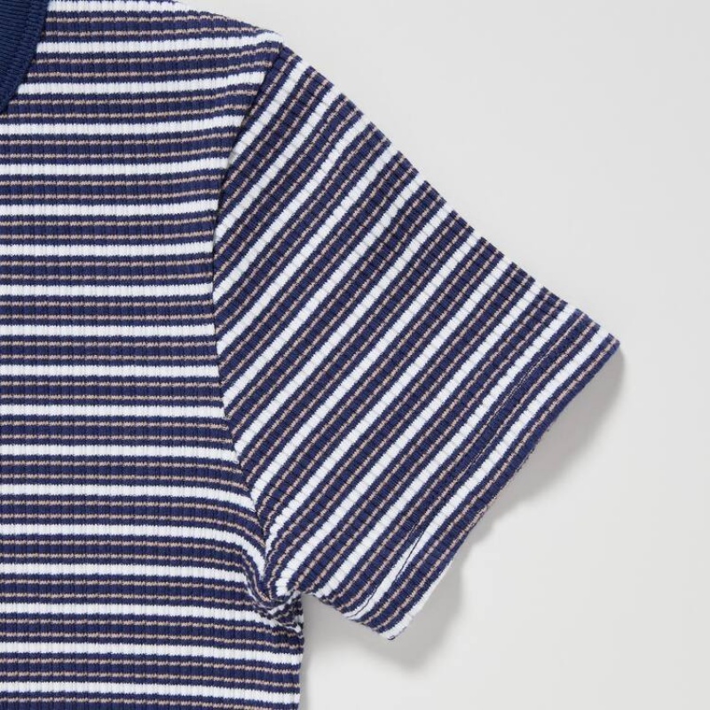 Kids' Uniqlo Ribbed Striped Cropped T Shirts Blue | EQHR-32458