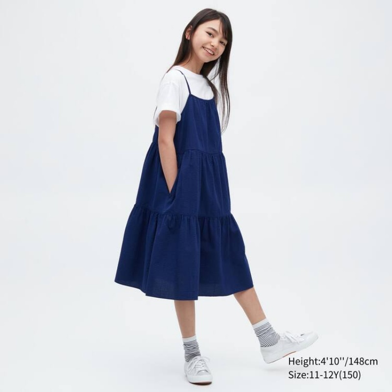 Kids\' Uniqlo Seersucker Camisole Dress Blue | SBQE-64510