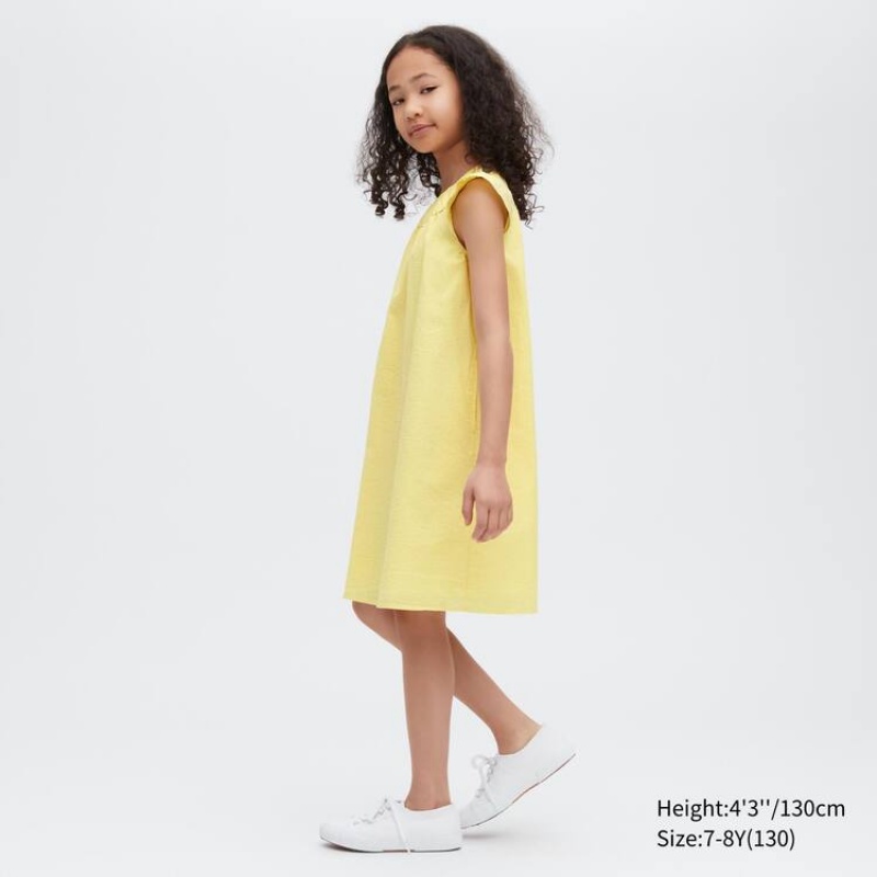 Kids' Uniqlo Seersucker Gathered Short Sleeved Dress Yellow | ZXNH-48509