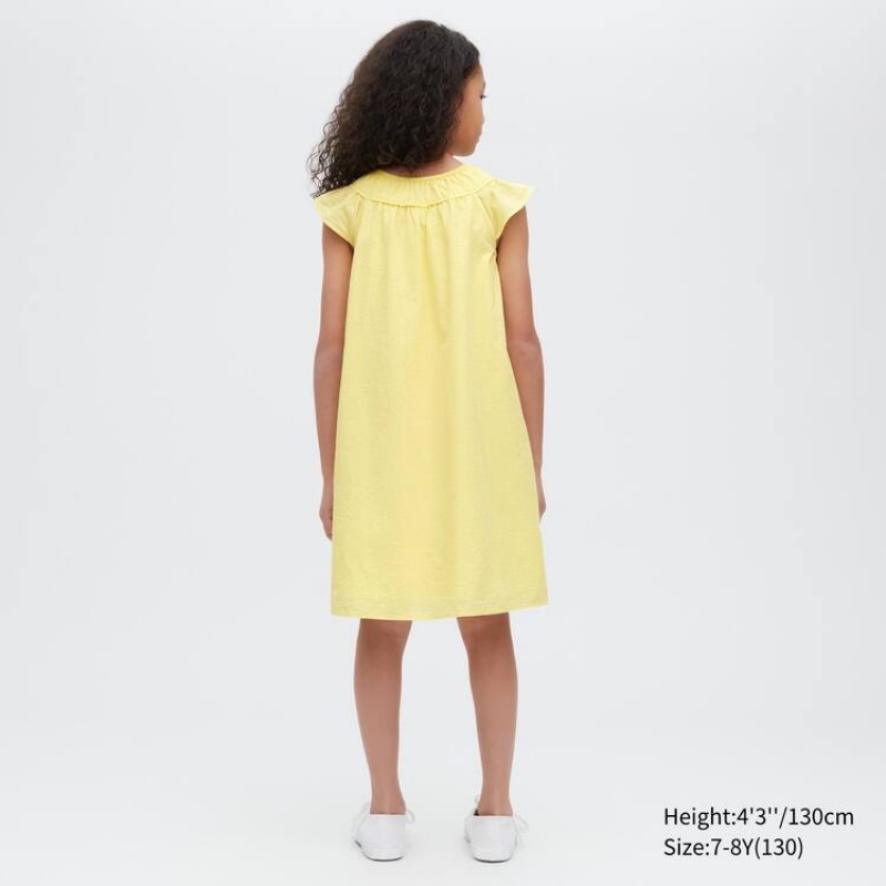 Kids' Uniqlo Seersucker Gathered Short Sleeved Dress Yellow | ZXNH-48509