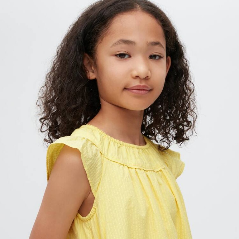 Kids' Uniqlo Seersucker Gathered Short Sleeved Dress Yellow | ZXNH-48509