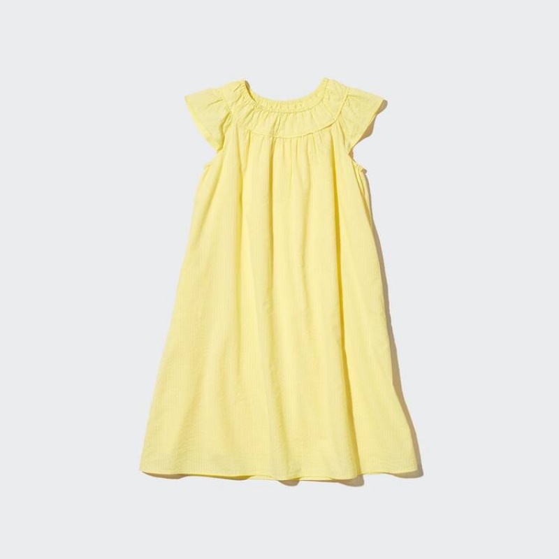 Kids' Uniqlo Seersucker Gathered Short Sleeved Dress Yellow | ZXNH-48509