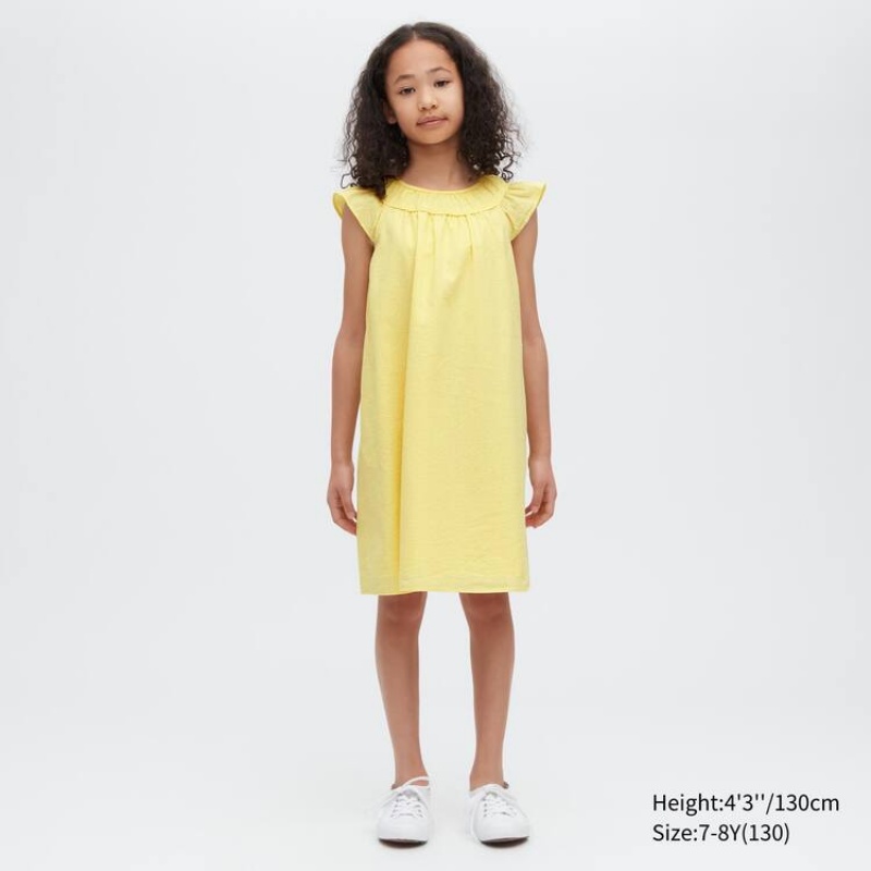 Kids\' Uniqlo Seersucker Gathered Short Sleeved Dress Yellow | ZXNH-48509