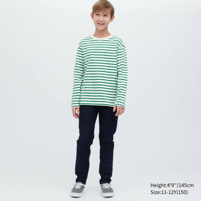 Kids' Uniqlo Striped Crew Neck Long Sleeved T Shirts Green | QSML-25719