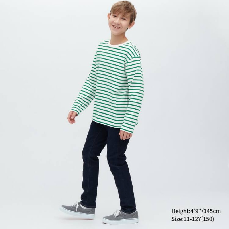 Kids' Uniqlo Striped Crew Neck Long Sleeved T Shirts Green | QSML-25719