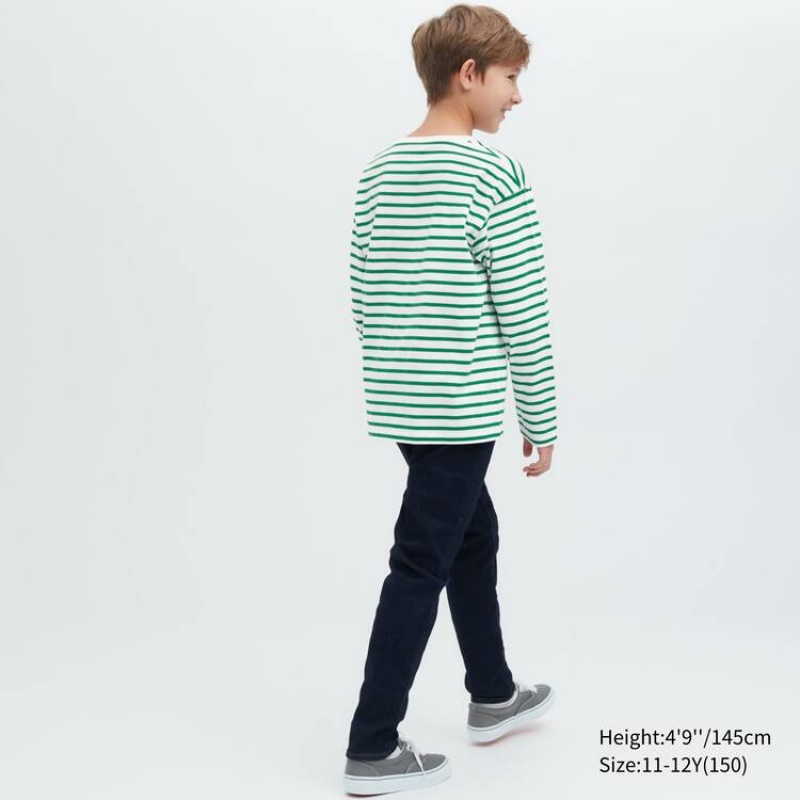 Kids' Uniqlo Striped Crew Neck Long Sleeved T Shirts Green | QSML-25719