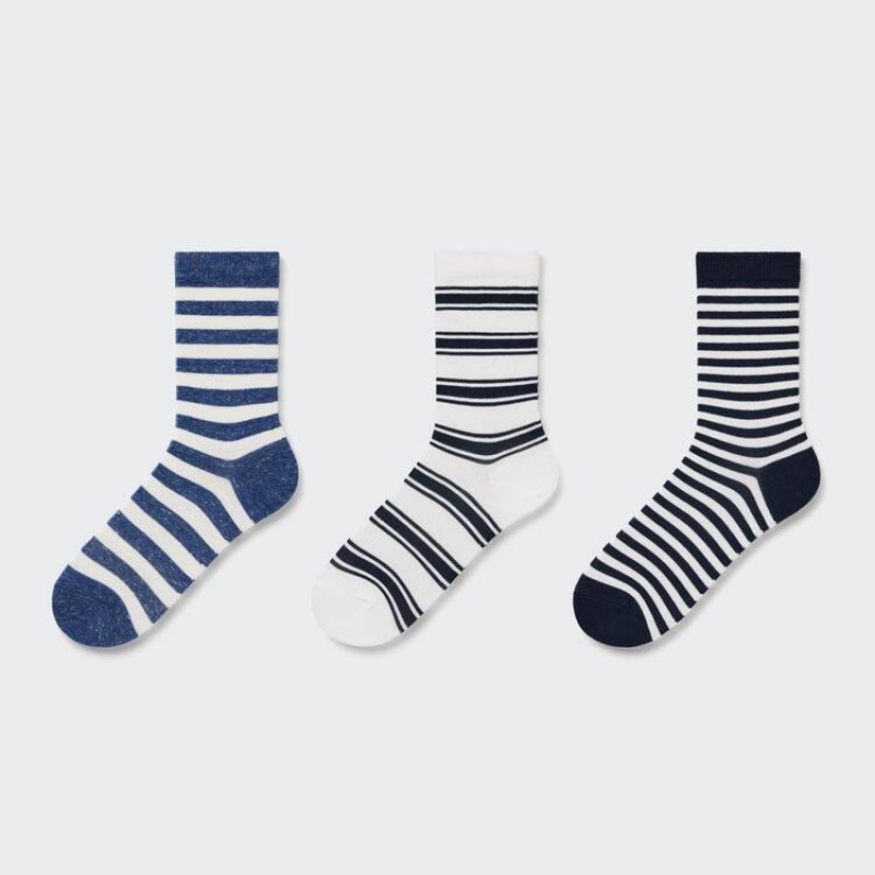 Kids\' Uniqlo Striped Regular (Three Pairs) Socks Blue / White / Black | JIMR-90243