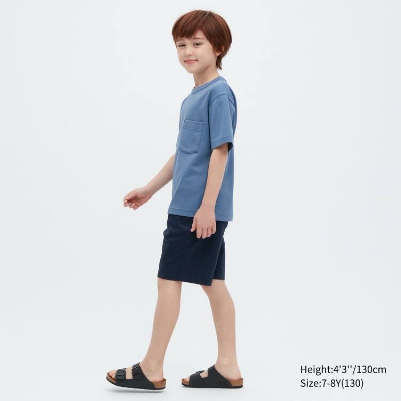 Kids' Uniqlo U Airism Cotton Crew Neck Short Sleeved T Shirts Blue | HYKM-68295