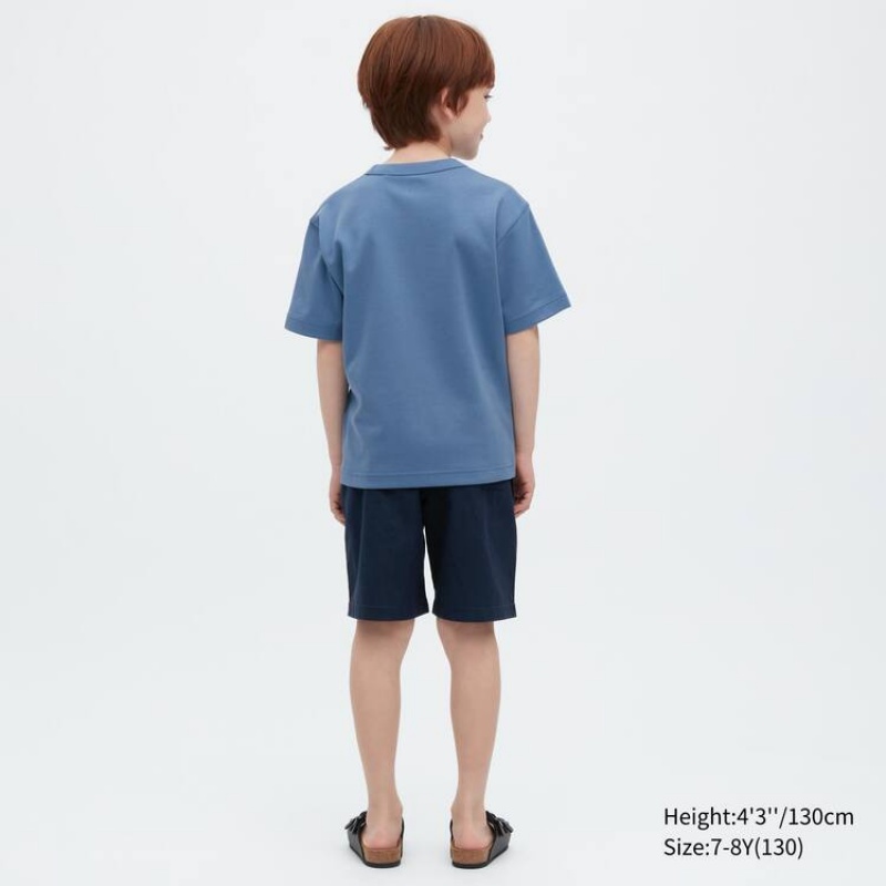 Kids' Uniqlo U Airism Cotton Crew Neck Short Sleeved T Shirts Blue | HYKM-68295