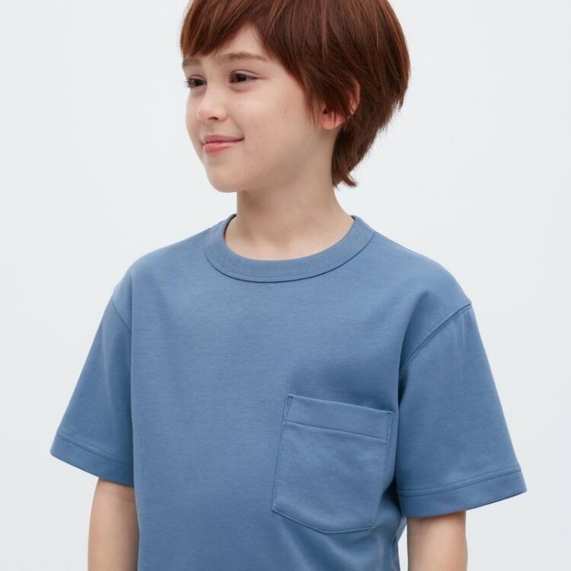 Kids' Uniqlo U Airism Cotton Crew Neck Short Sleeved T Shirts Blue | HYKM-68295