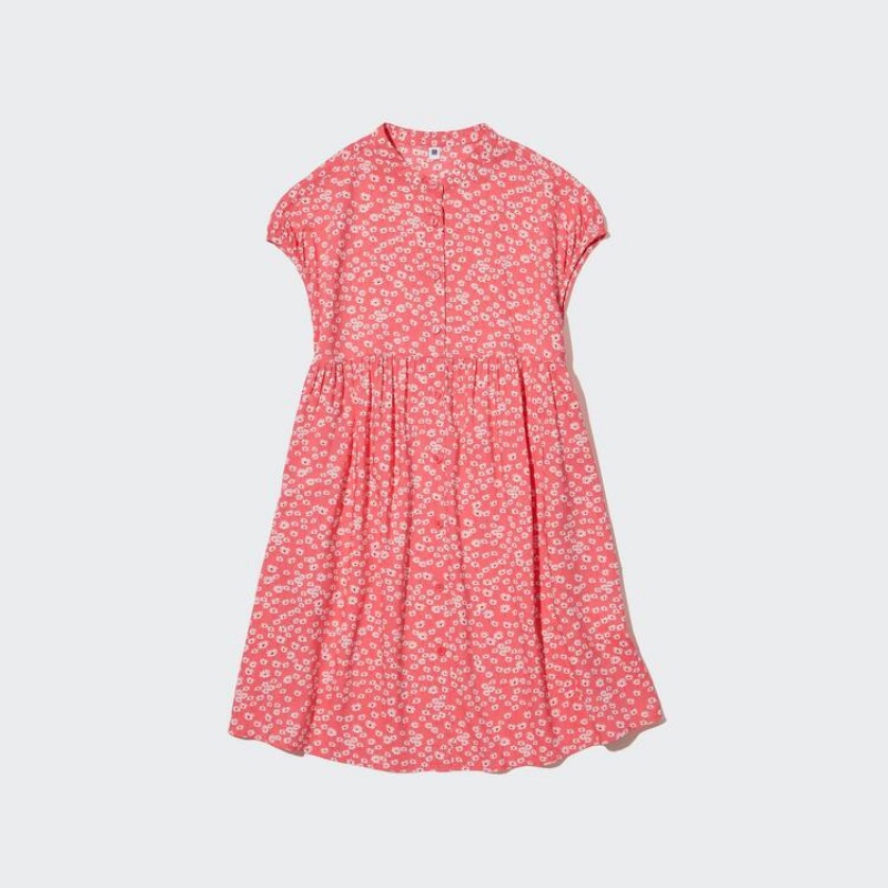 Kids\' Uniqlo Viscose Flower Printed Short Sleeved Dress Pink | MYIT-92508