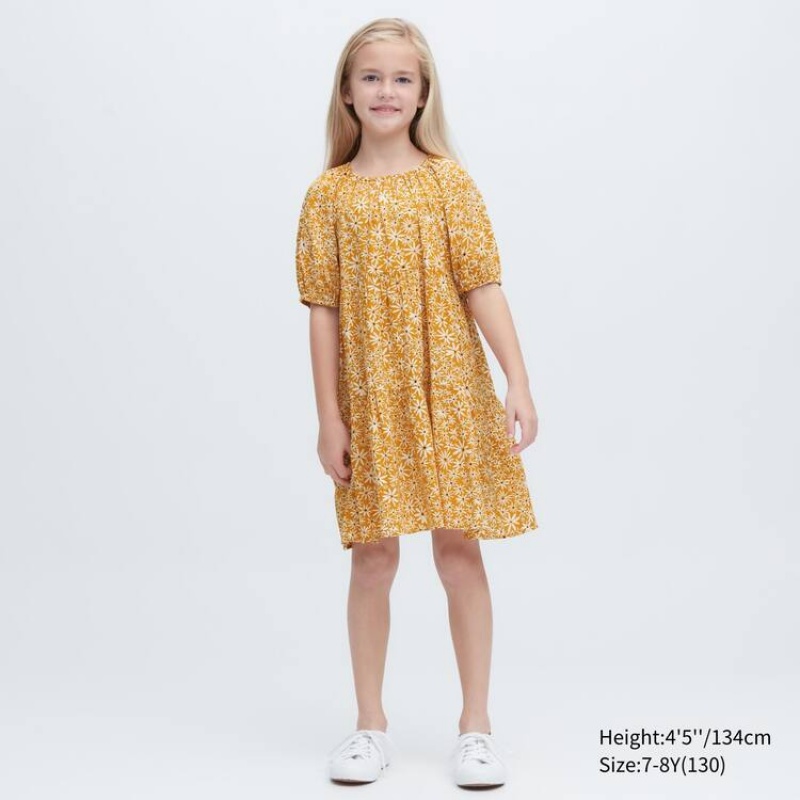 Kids' Uniqlo Viscose Flower Printed Short Sleeved Dress Yellow | FYEG-80975