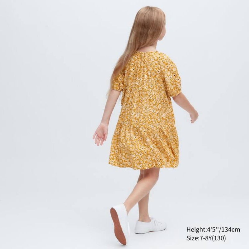 Kids' Uniqlo Viscose Flower Printed Short Sleeved Dress Yellow | FYEG-80975