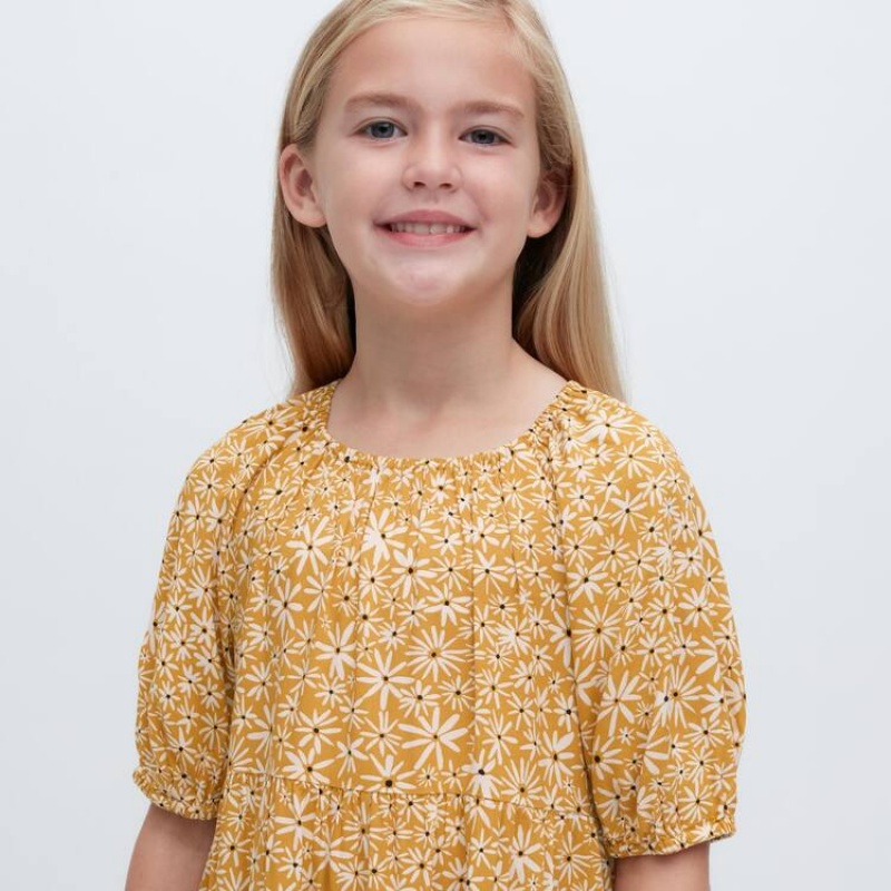 Kids' Uniqlo Viscose Flower Printed Short Sleeved Dress Yellow | FYEG-80975