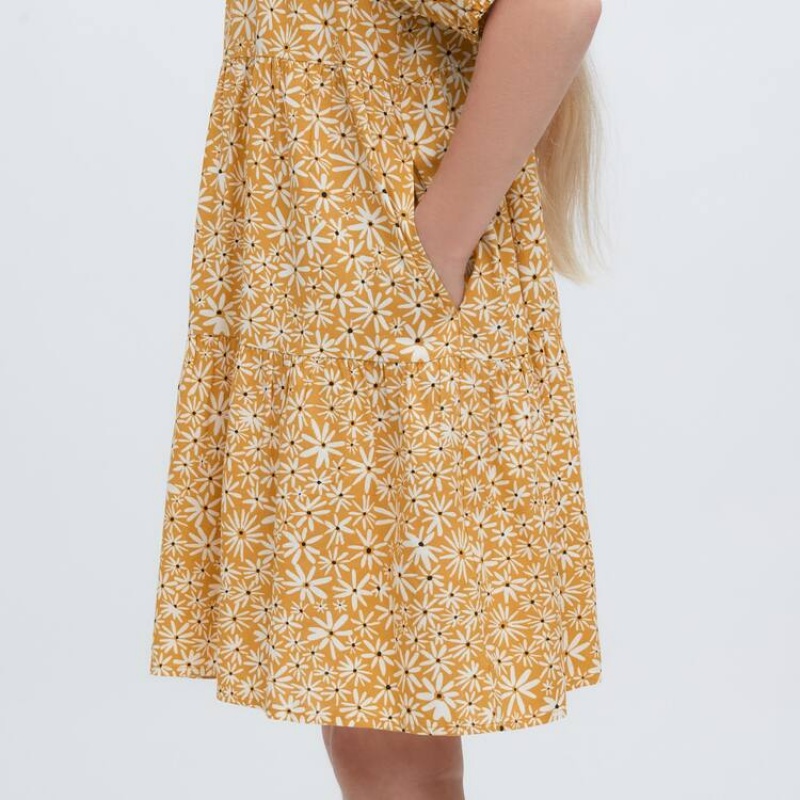 Kids' Uniqlo Viscose Flower Printed Short Sleeved Dress Yellow | FYEG-80975