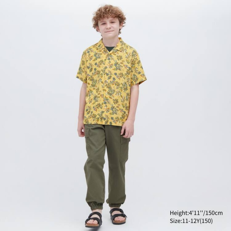 Kids' Uniqlo Viscose Printed Open Collar Short Sleeved Shirts Yellow | IROC-75869