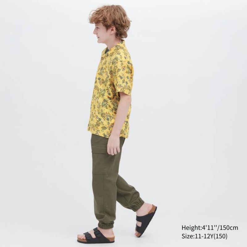 Kids' Uniqlo Viscose Printed Open Collar Short Sleeved Shirts Yellow | IROC-75869