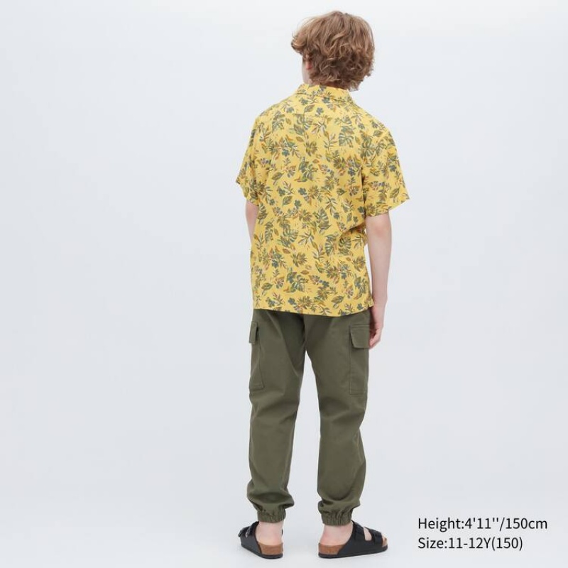 Kids' Uniqlo Viscose Printed Open Collar Short Sleeved Shirts Yellow | IROC-75869