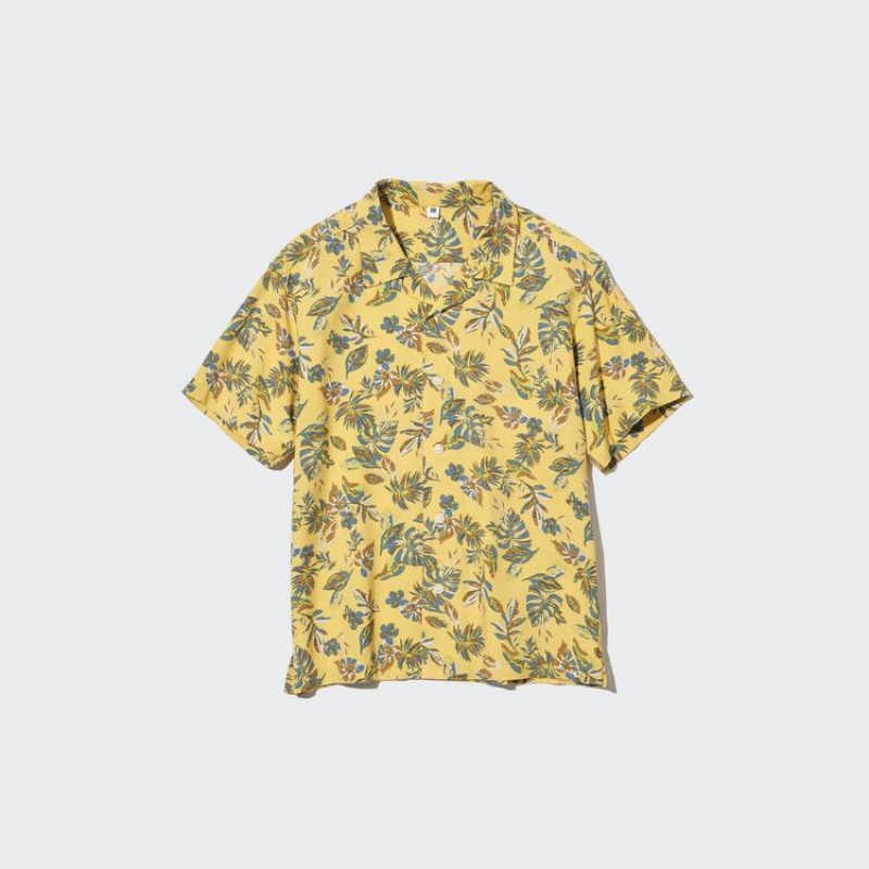 Kids' Uniqlo Viscose Printed Open Collar Short Sleeved Shirts Yellow | IROC-75869