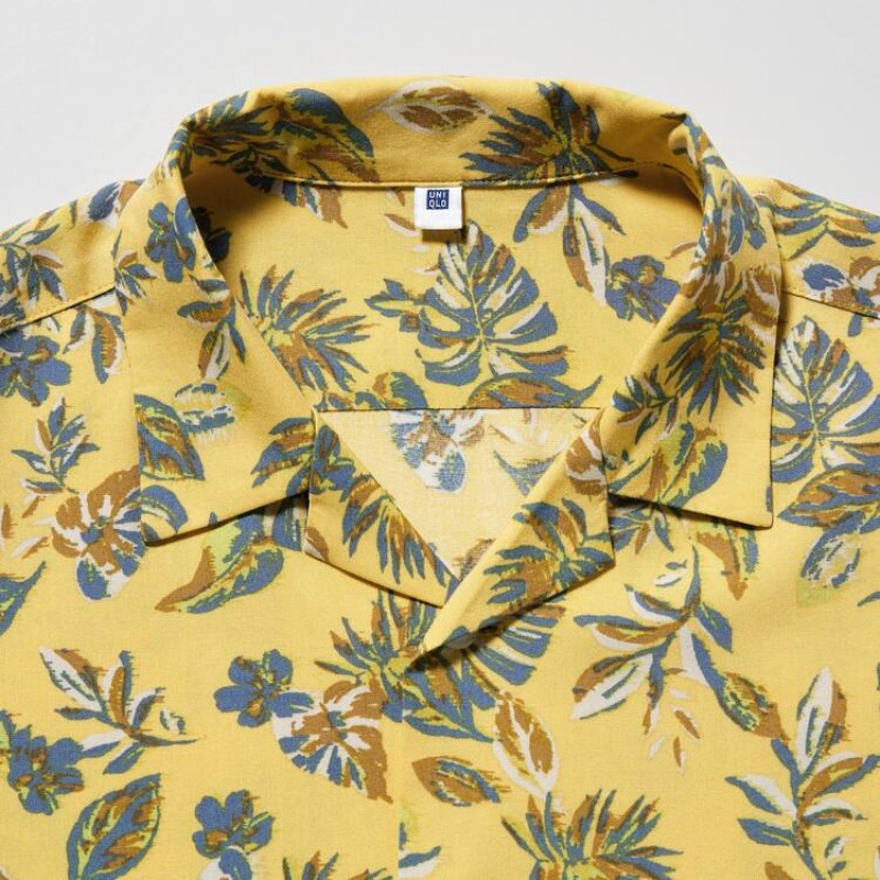 Kids' Uniqlo Viscose Printed Open Collar Short Sleeved Shirts Yellow | IROC-75869