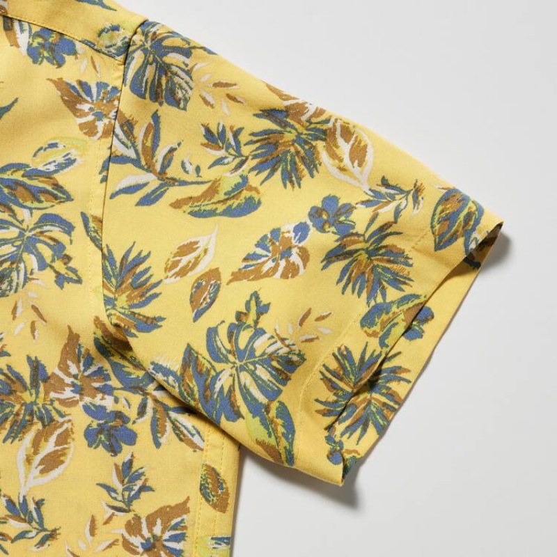 Kids' Uniqlo Viscose Printed Open Collar Short Sleeved Shirts Yellow | IROC-75869