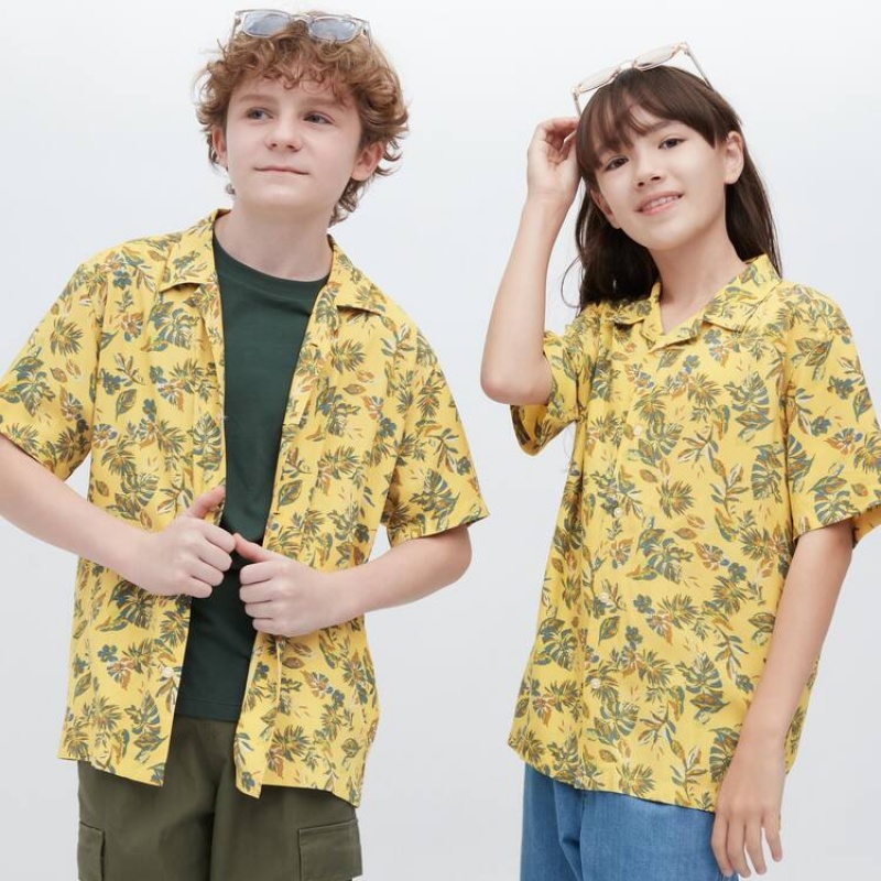 Kids\' Uniqlo Viscose Printed Open Collar Short Sleeved Shirts Yellow | IROC-75869