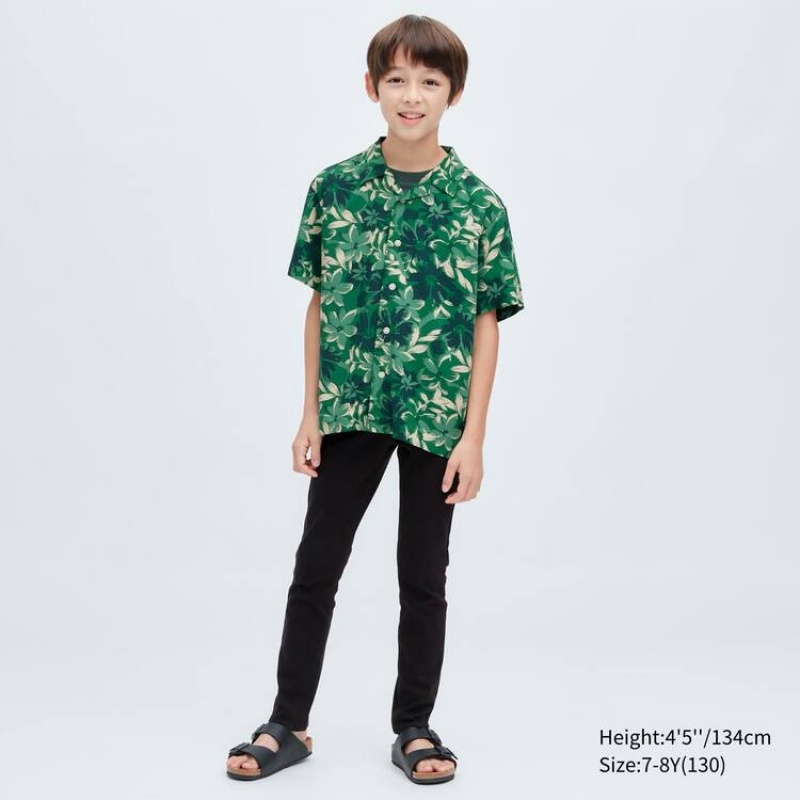 Kids' Uniqlo Viscose Printed Open Collar Short Sleeved Shirts Green | KQZI-58937