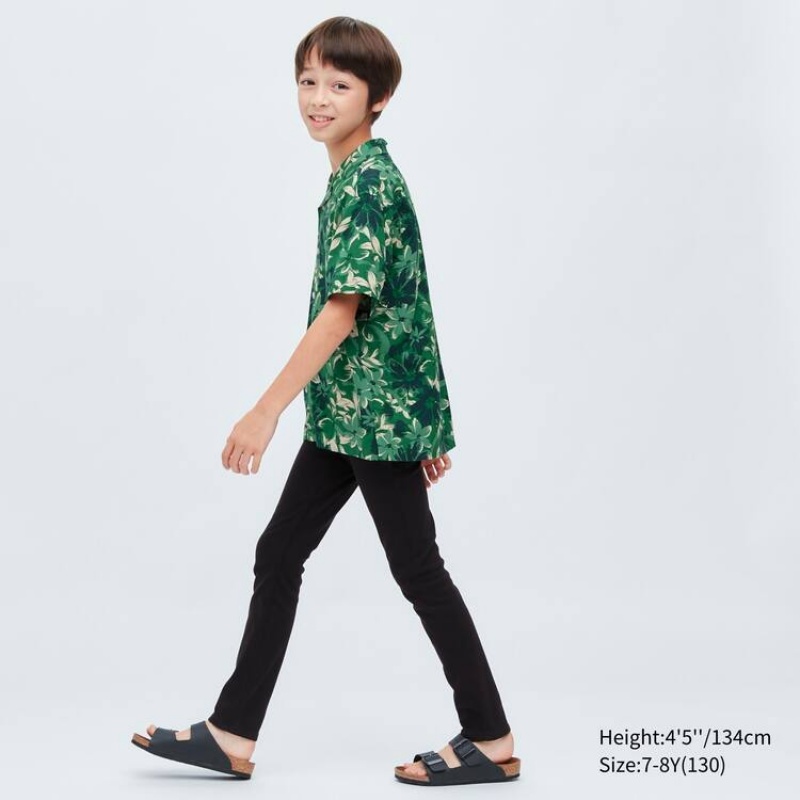 Kids' Uniqlo Viscose Printed Open Collar Short Sleeved Shirts Green | KQZI-58937