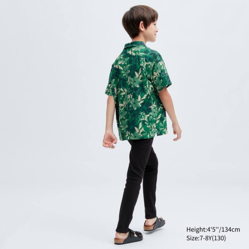 Kids' Uniqlo Viscose Printed Open Collar Short Sleeved Shirts Green | KQZI-58937