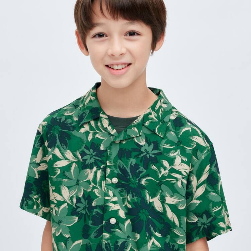 Kids' Uniqlo Viscose Printed Open Collar Short Sleeved Shirts Green | KQZI-58937