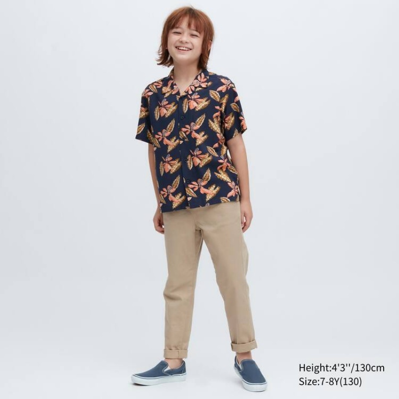 Kids' Uniqlo Viscose Printed Open Collar Short Sleeved Shirts Navy | VWOR-57634