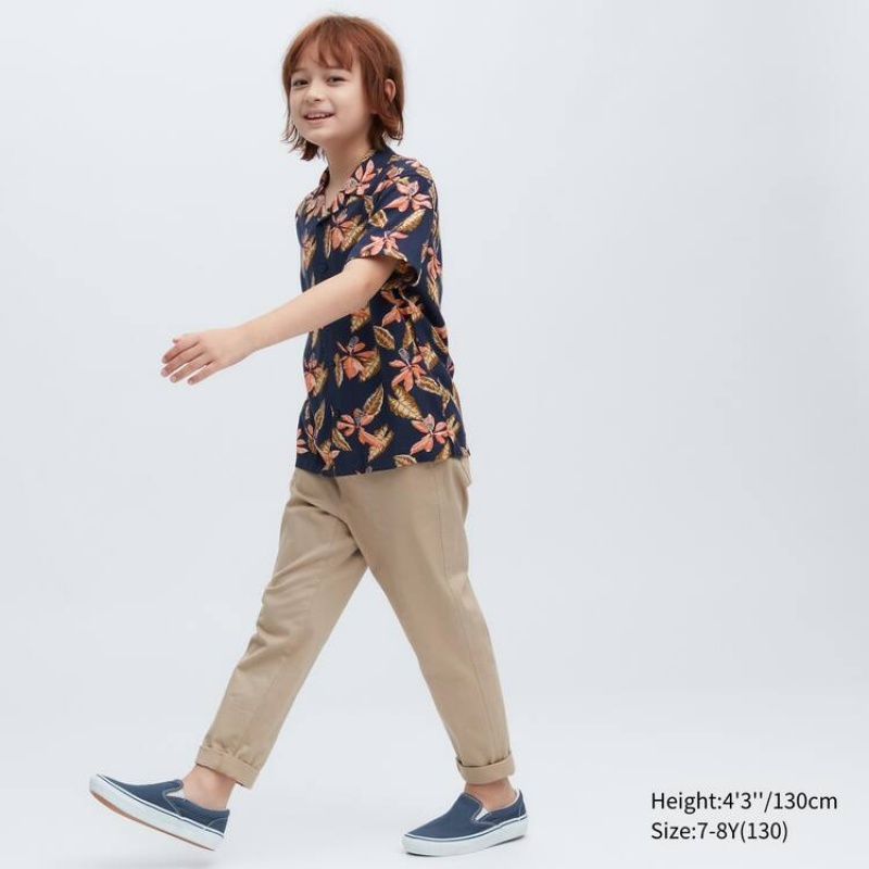 Kids' Uniqlo Viscose Printed Open Collar Short Sleeved Shirts Navy | VWOR-57634