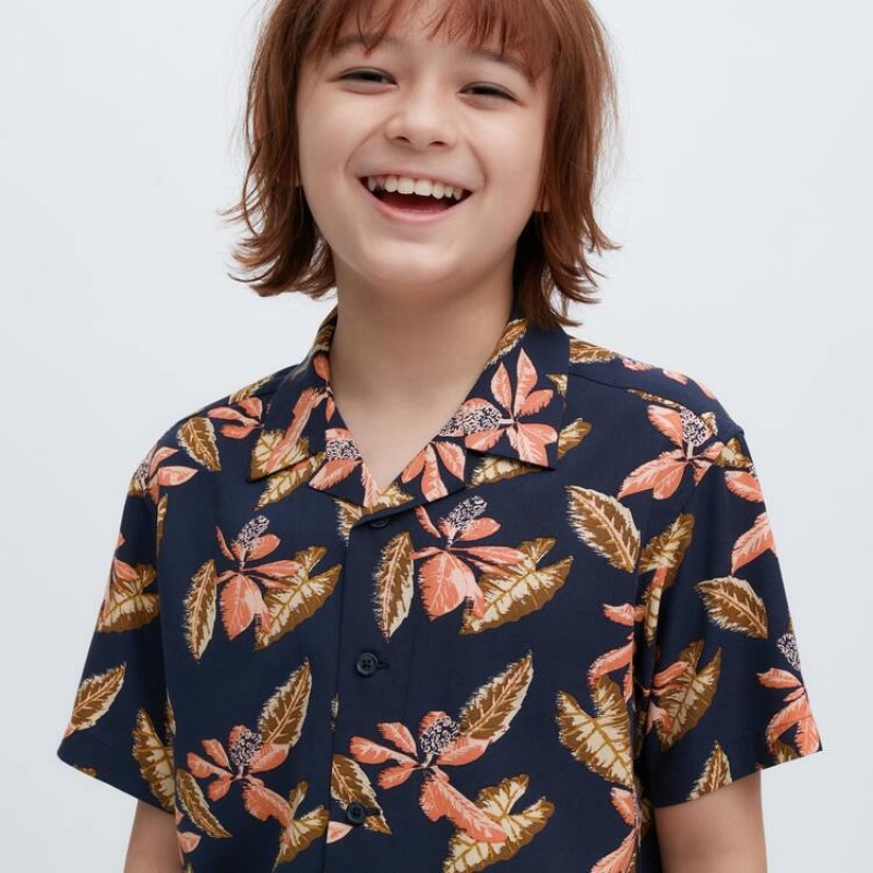 Kids' Uniqlo Viscose Printed Open Collar Short Sleeved Shirts Navy | VWOR-57634