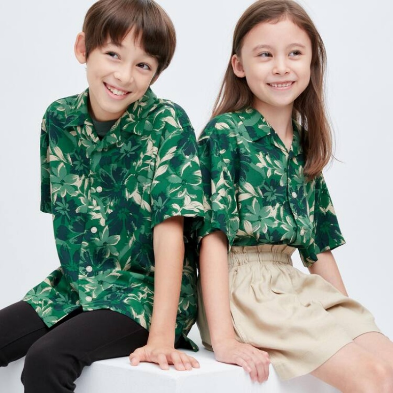 Kids\' Uniqlo Viscose Printed Open Collar Short Sleeved Shirts Green | CEMH-42358