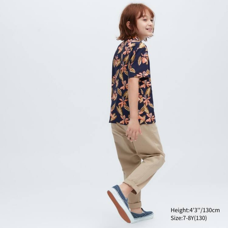 Kids' Uniqlo Viscose Printed Open Collar Short Sleeved Shirts Navy | ZWGU-38205