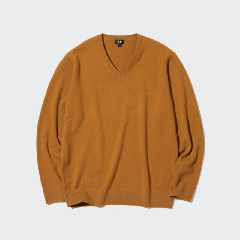 Men\'s Uniqlo 100% Cashmere V Neck Jumpers Mustard | CFKO-41263