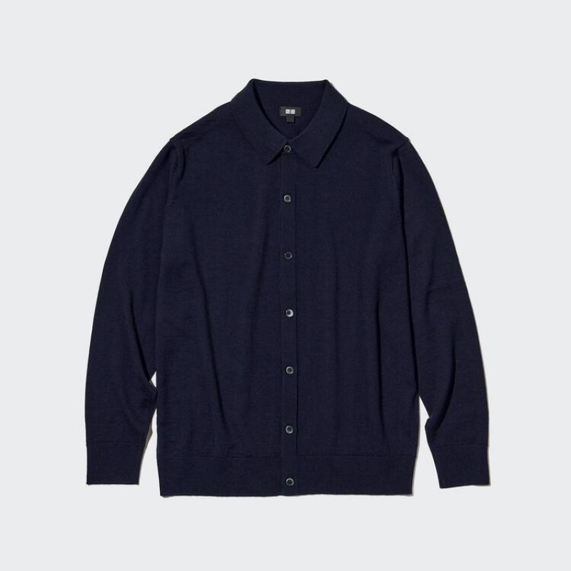 Men's Uniqlo 100% Extra Fine Merino Collar Jumpers Navy | FNGV-30742