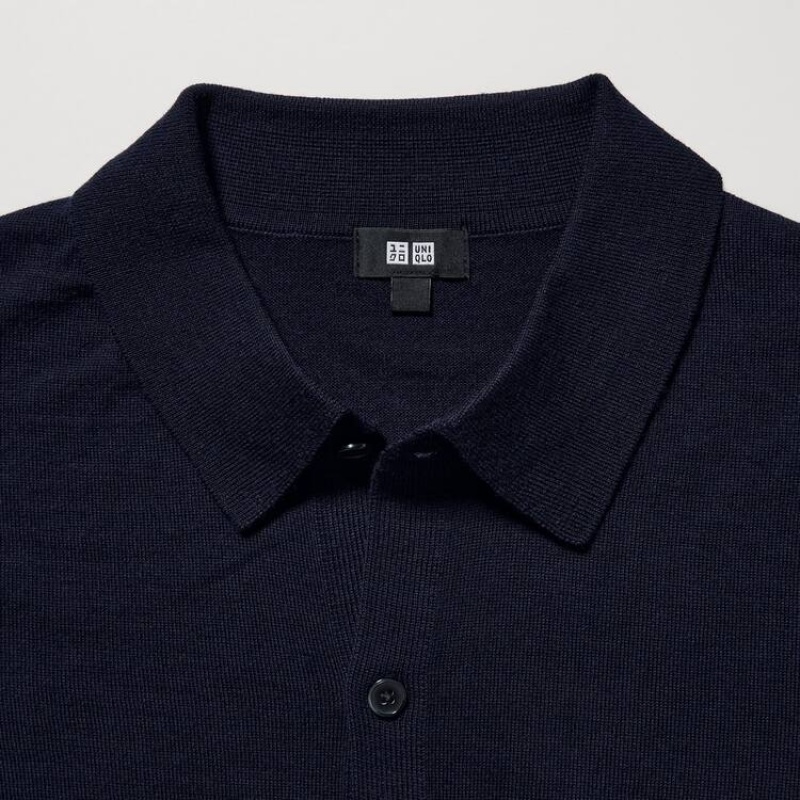 Men's Uniqlo 100% Extra Fine Merino Collar Jumpers Navy | FNGV-30742